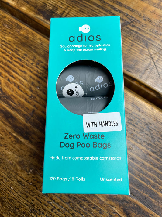 Adios Zero Waste Poo Bags with Handles, 60 bags. 4 rolls.